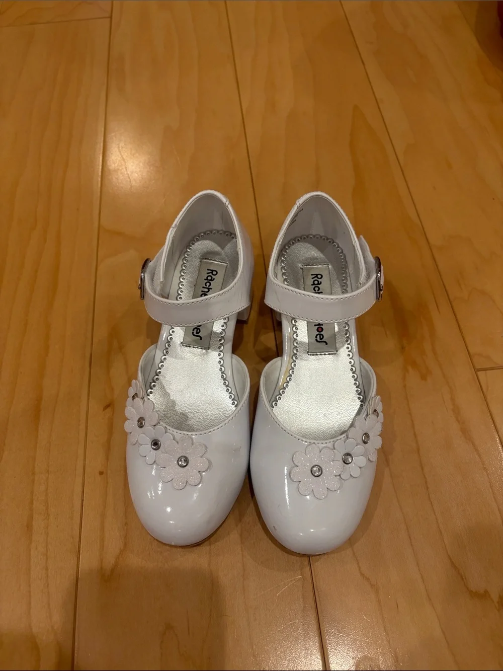 Rachel Shoes White Patent Mary Janes with Floral Appliqués